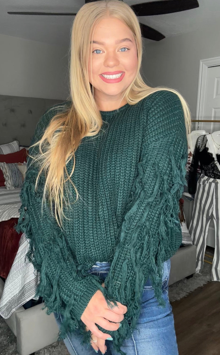Green Knit Fringe Pullover Sweater