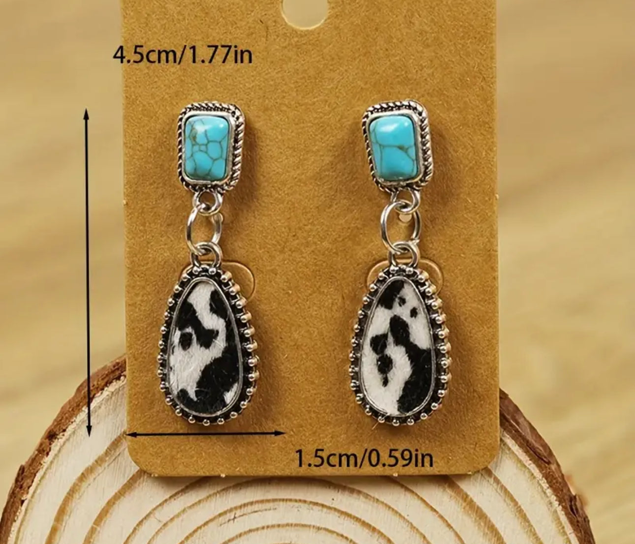 Cow Print Cowhide Textured Turquoise Drop Earrings