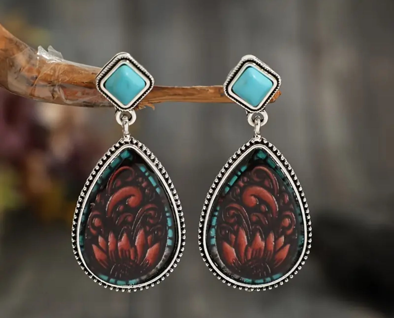 Turquoise Drop Earrings Retro Western Carved Sunflower Pattern