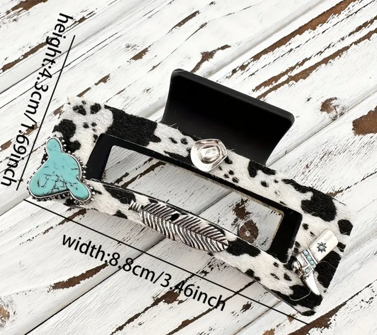 Cowhide Textured Hair Clip Turquoise Stone Western Details