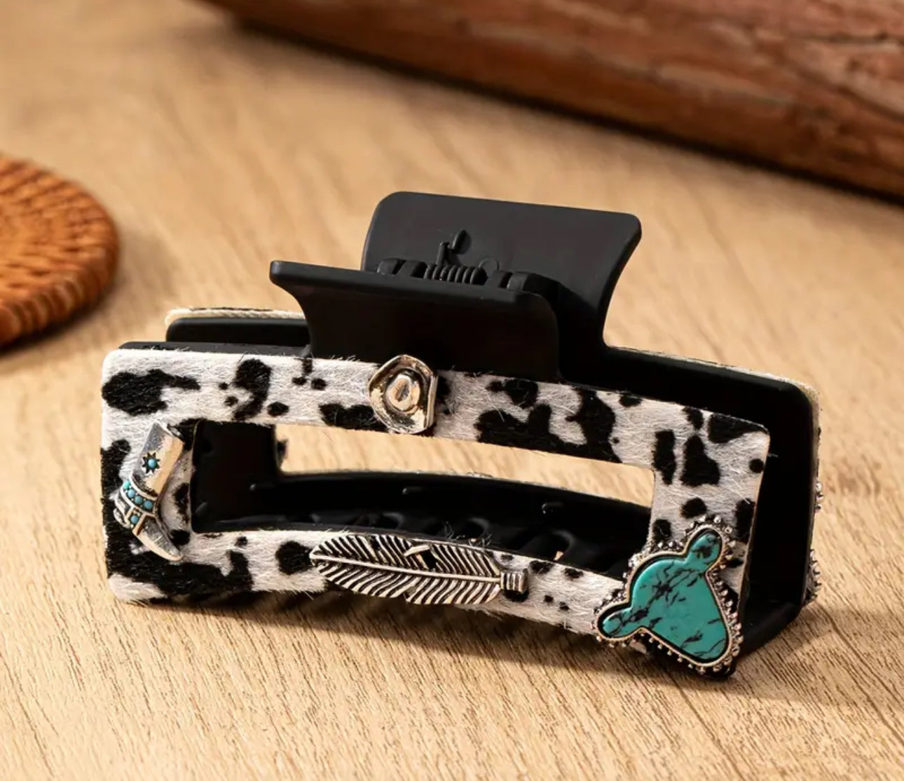 Cowhide Textured Hair Clip Turquoise Stone Western Details