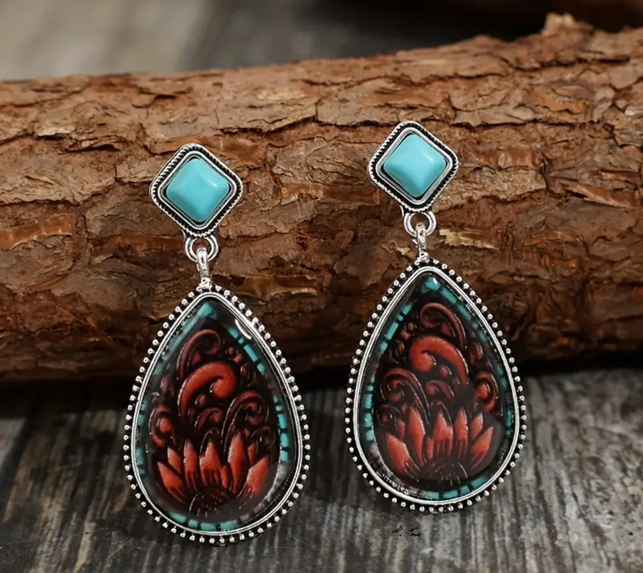 Turquoise Drop Earrings Retro Western Carved Sunflower Pattern