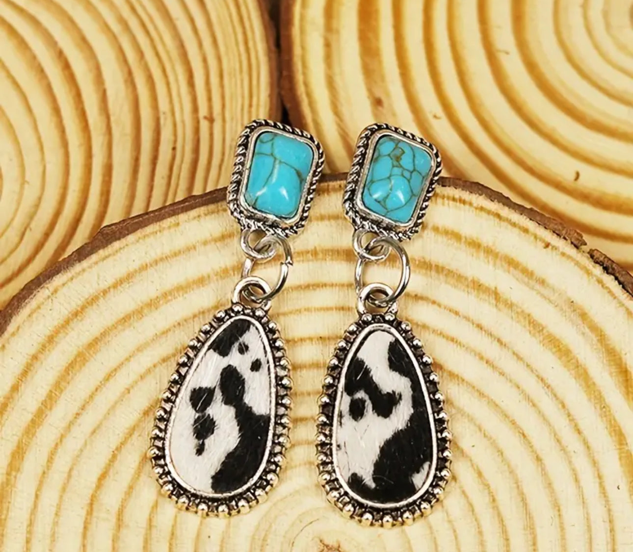 Cow Print Cowhide Textured Turquoise Drop Earrings