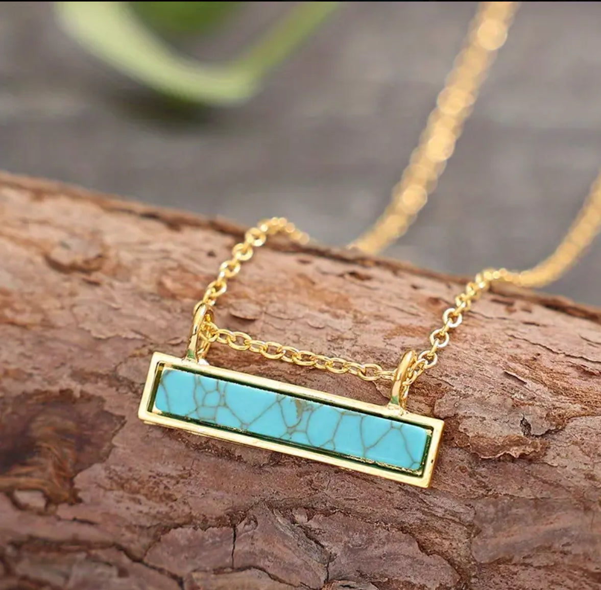 Turquoise Bar Necklace Short Geometric Rectangular Golden Pendant