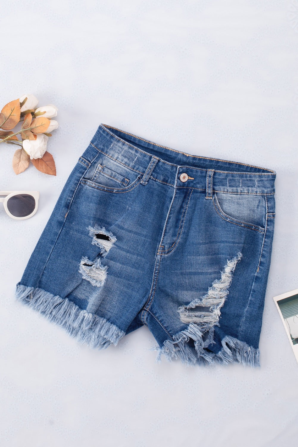 Blue Frayed Hem High Waist Denim Shorts