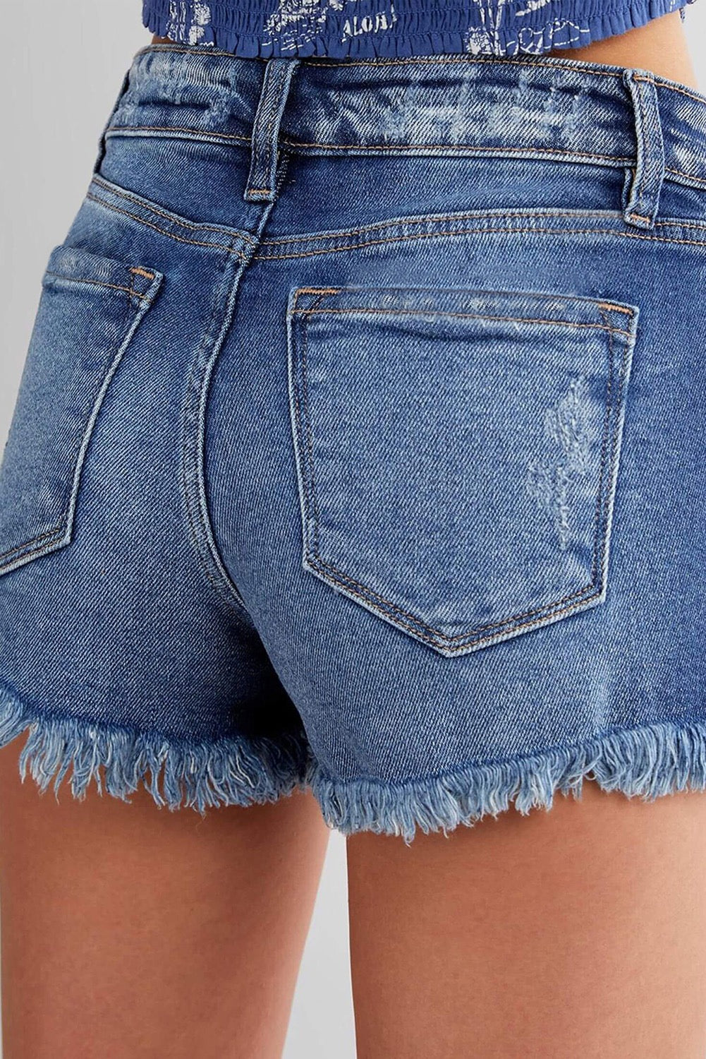 Blue Frayed Hem High Waist Denim Shorts