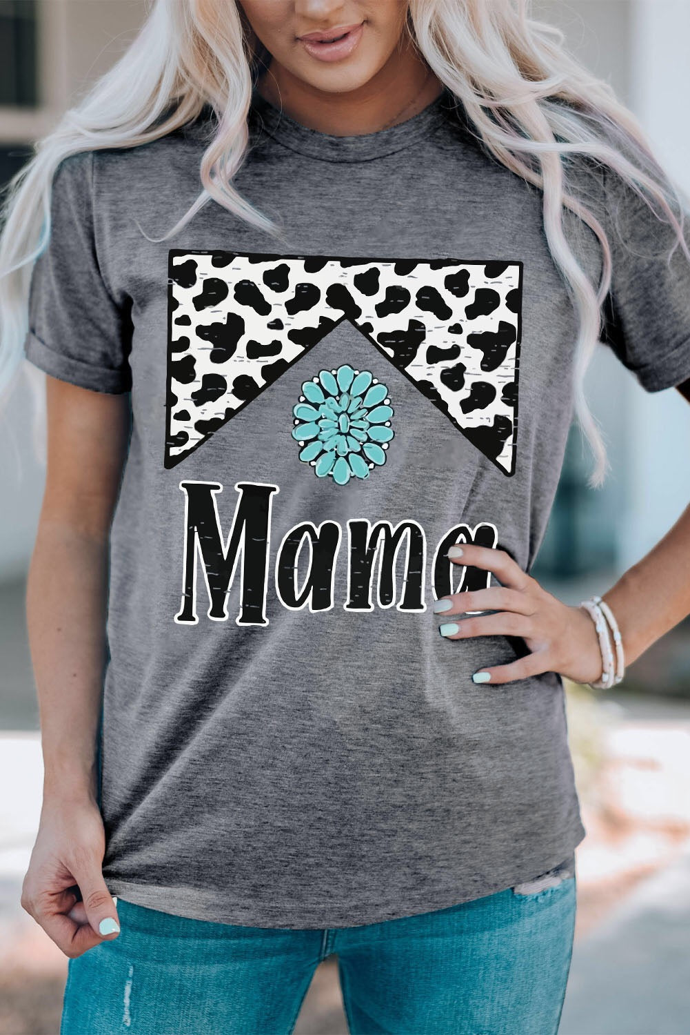 Gray Cow Print Turquoise Bead Mama Graphic T-Shirt