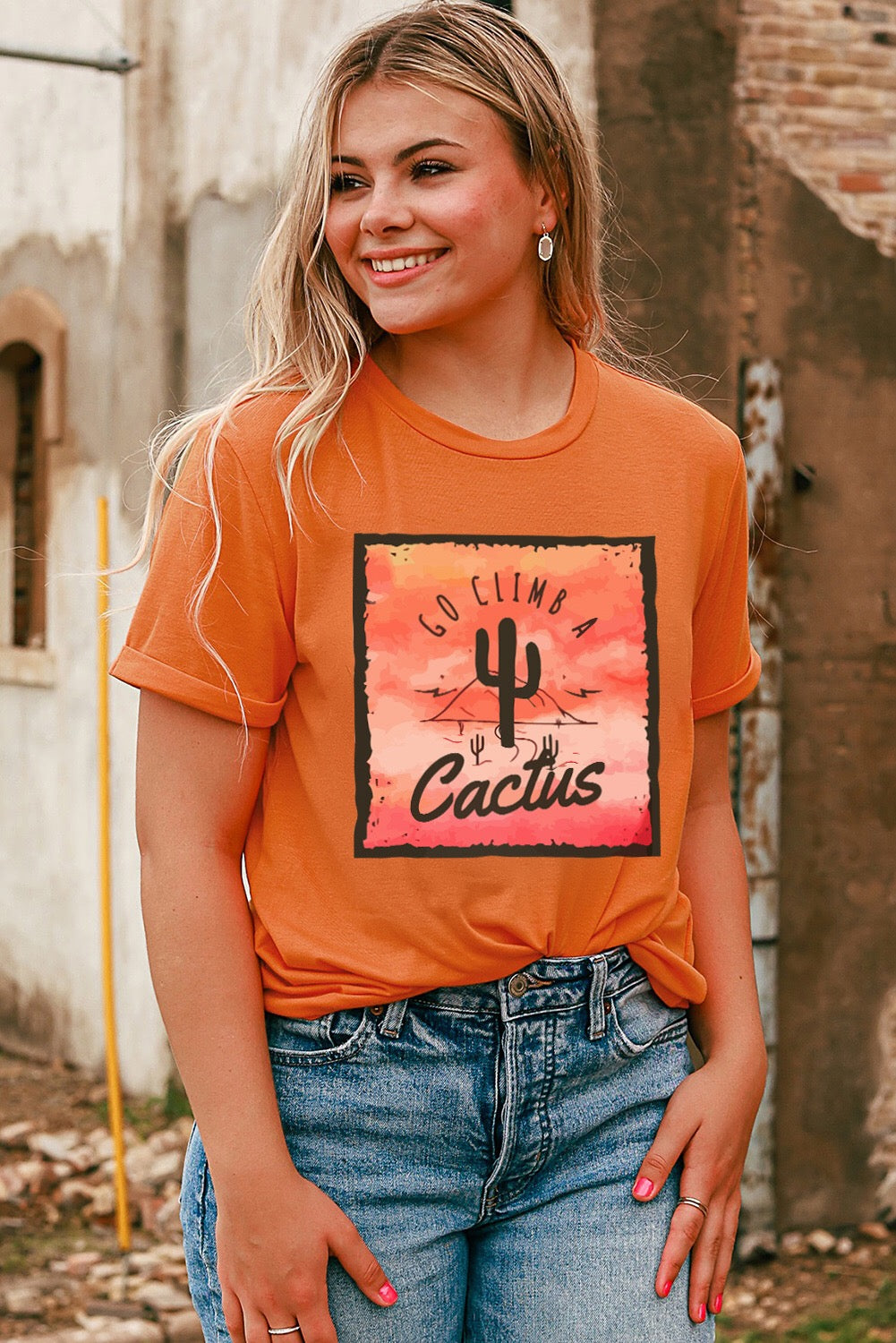 Orange GO CLIMB A Cactus Western Graphic Print T-Shirt