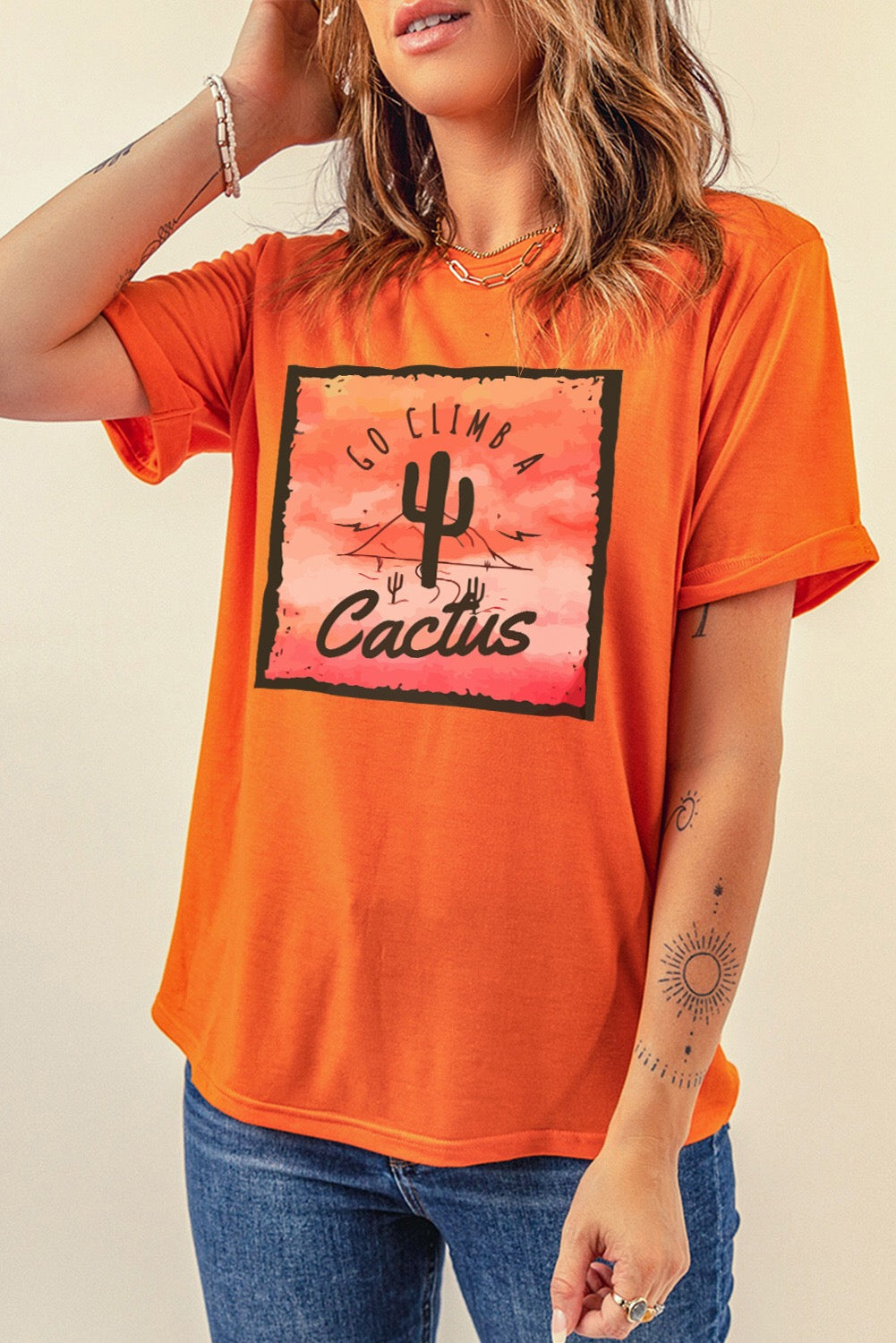 Orange GO CLIMB A Cactus Western Graphic Print T-Shirt