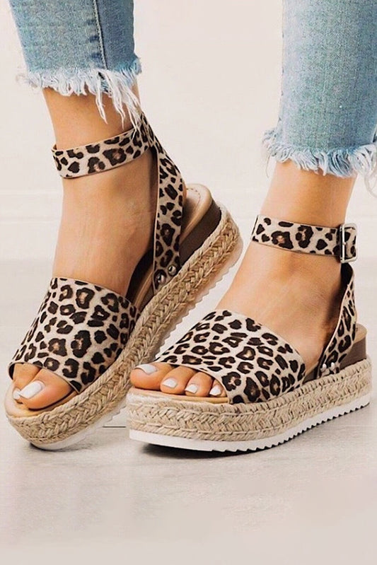 Leopard Wedge Ankle Buckle Strap Sandals