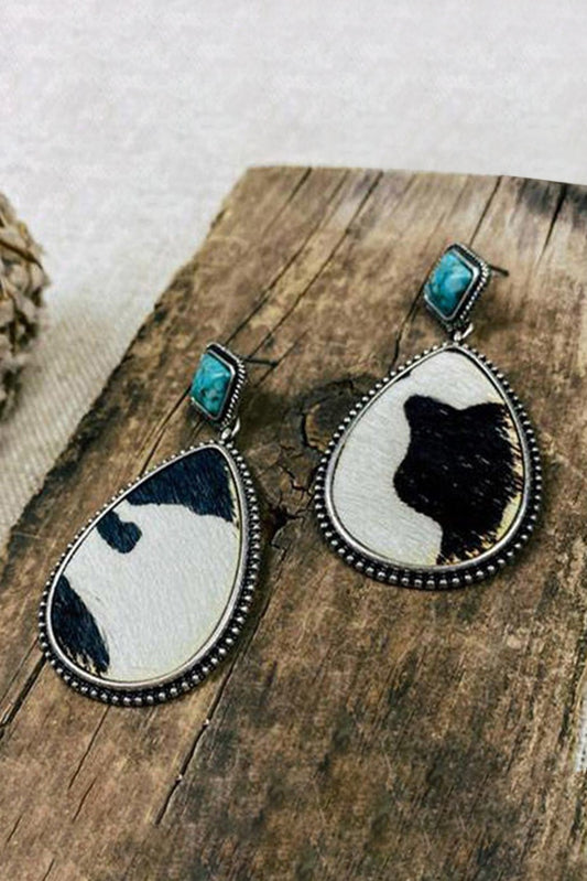 Black Cowhide Textured Turquoise Drop Earrings