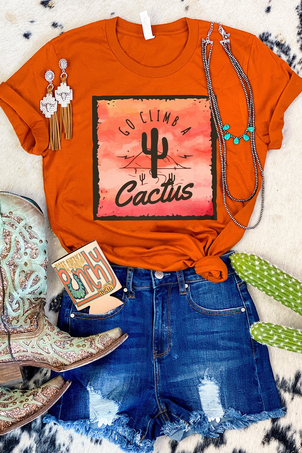 Orange GO CLIMB A Cactus Western Graphic Print T-Shirt