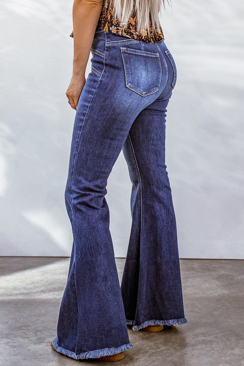 Blue Seamed Raw Hem Flare Jean