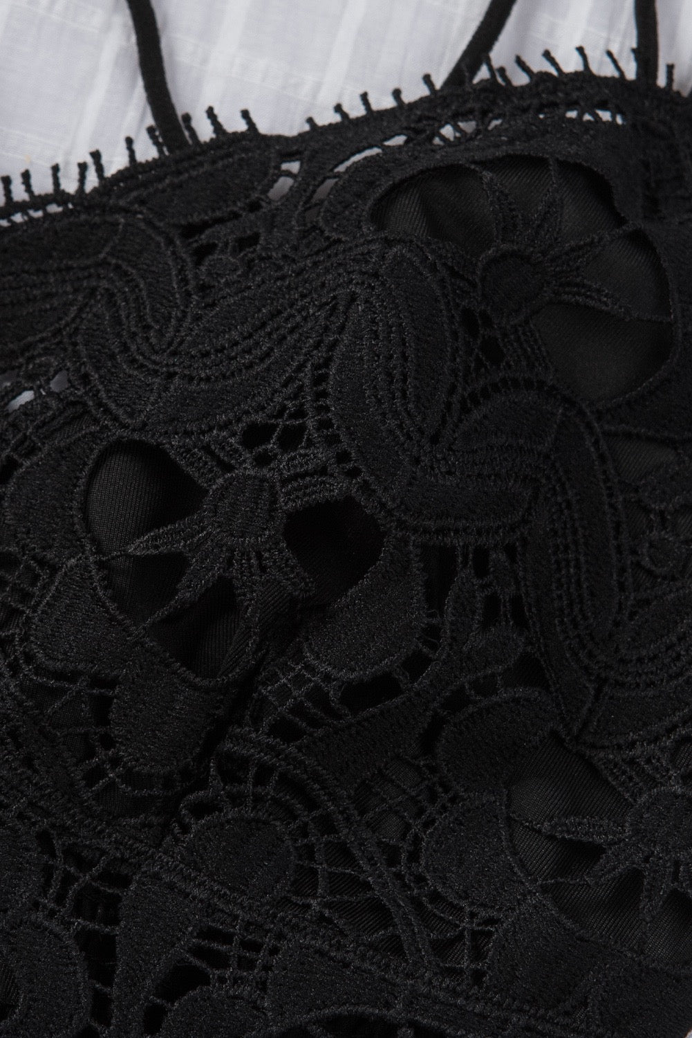 Black Crochet Lace Smocked Criss Cross Spaghetti Strap Bralette