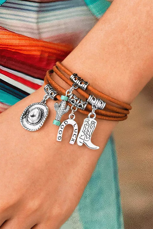 Silver Good Luck Horse Shoe Cactus MultiLayed Wrap Bracelet Charms