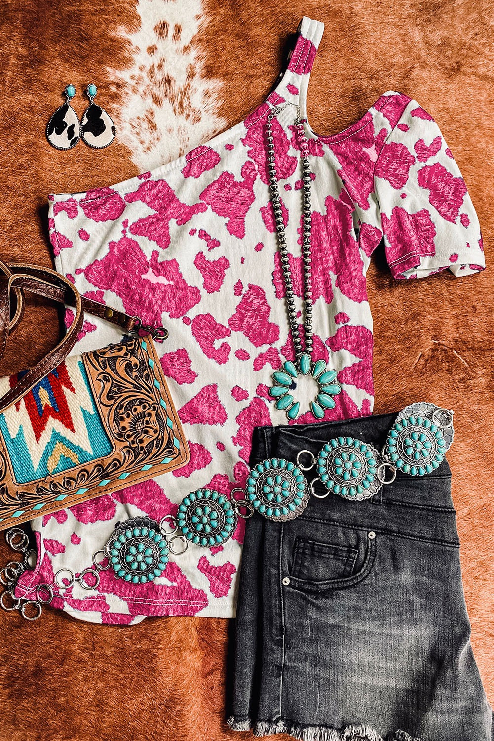 Pink One Shoulder Cow Print Cut Out Short Sleeve Top