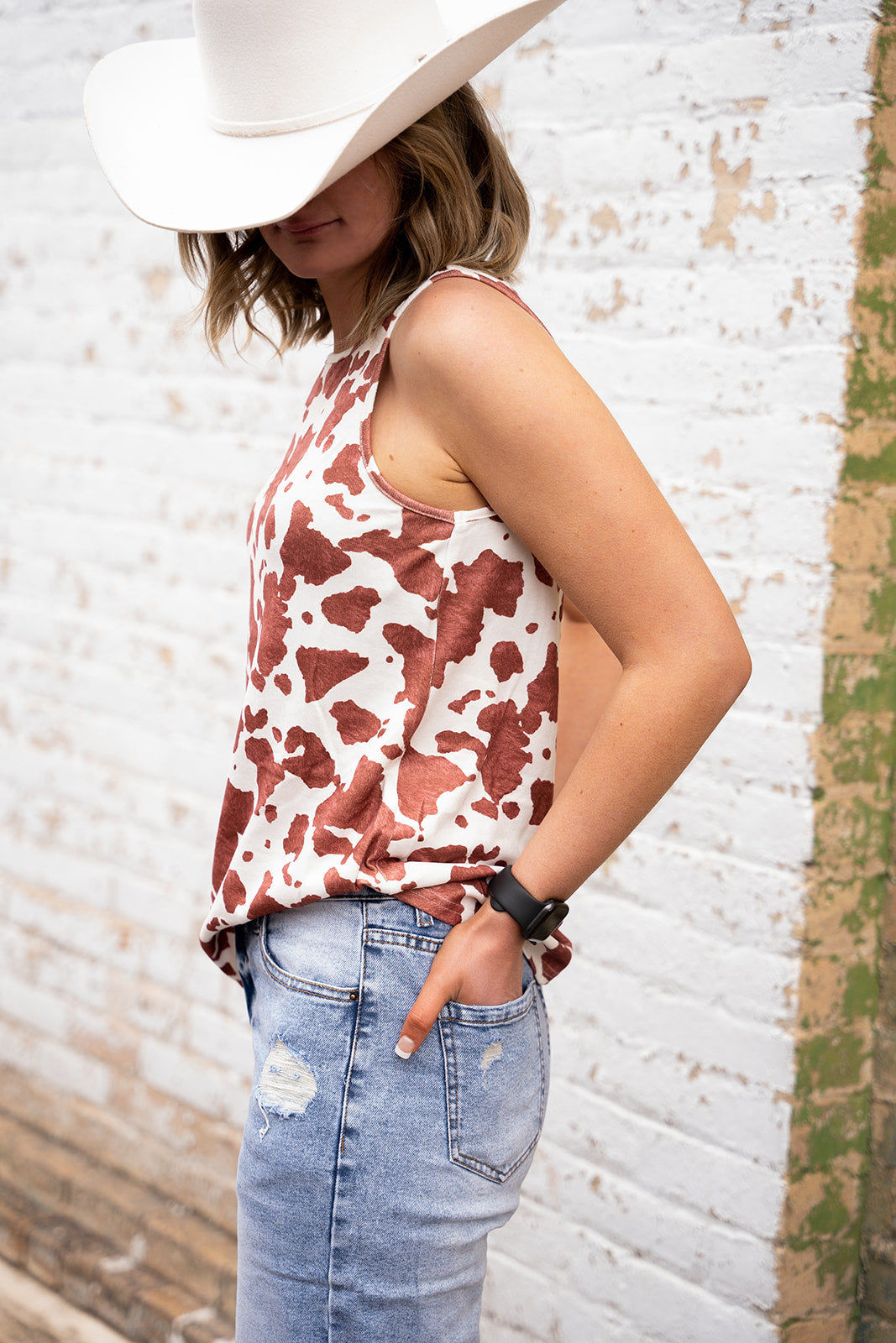 Brown Cow Print Crew Neck Tank Top