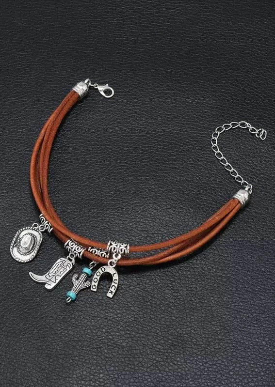 Silver Good Luck Horse Shoe Cactus MultiLayed Wrap Bracelet Charms