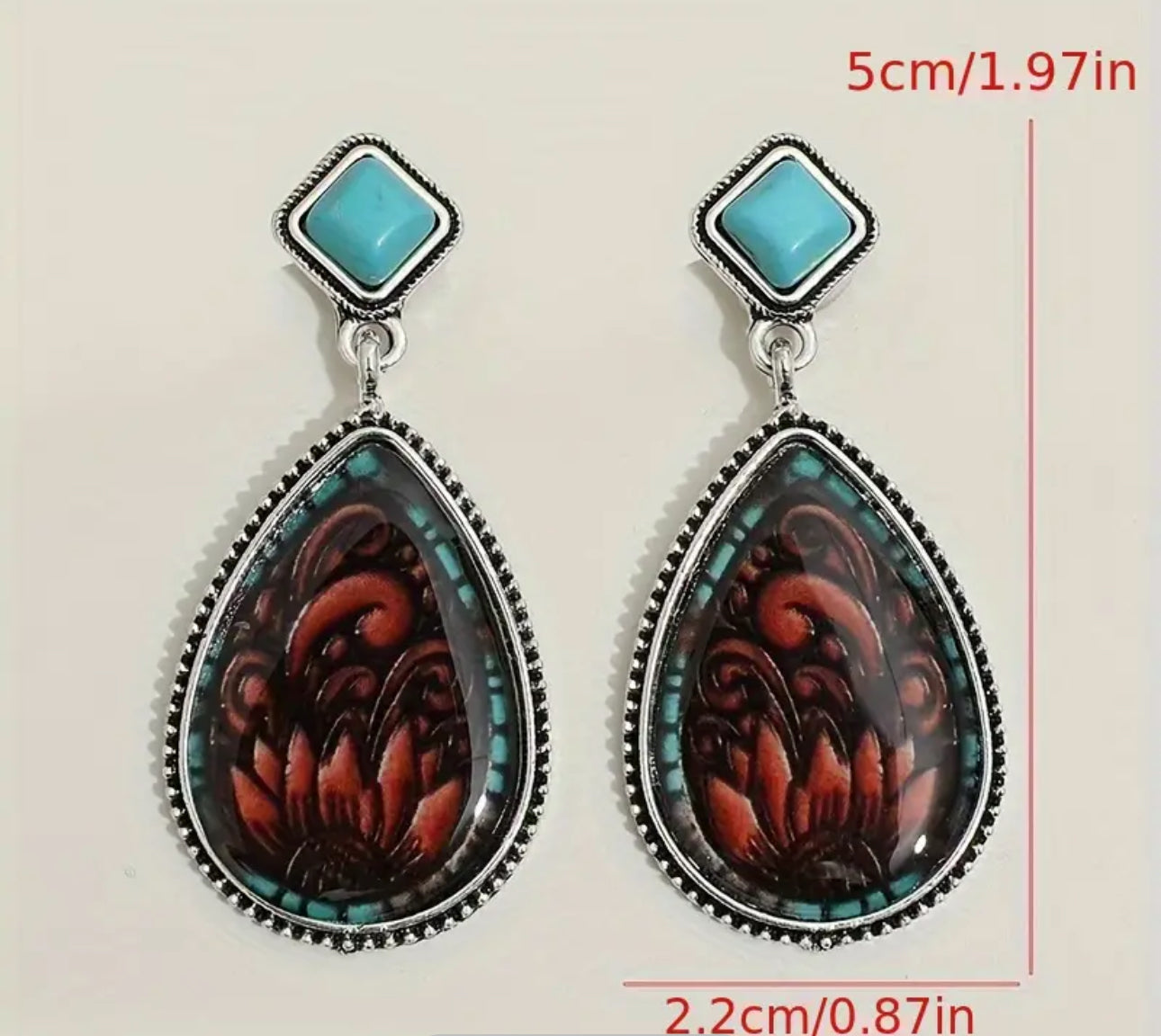 Turquoise Drop Earrings Retro Western Carved Sunflower Pattern