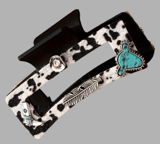 Cowhide Textured Hair Clip Turquoise Stone Western Details