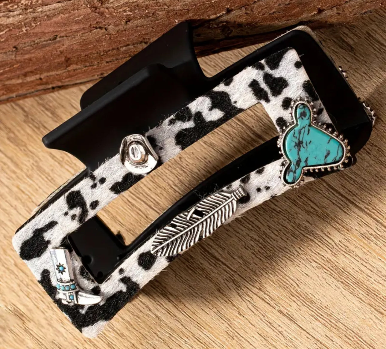 Cowhide Textured Hair Clip Turquoise Stone Western Details