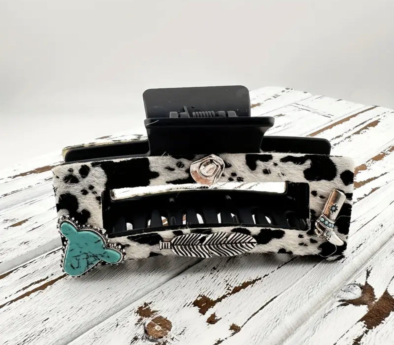 Cowhide Textured Hair Clip Turquoise Stone Western Details