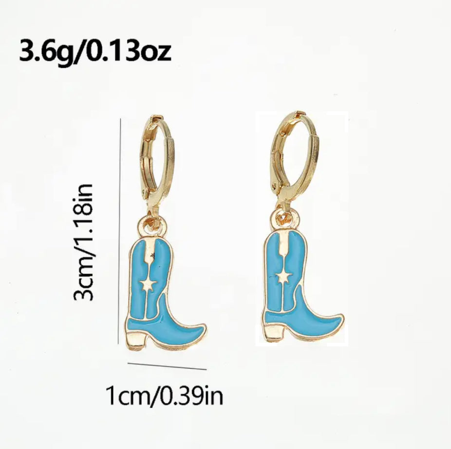 Turquoise Western Cowgirl Gold Enamel Boots Design Dangle Earrings