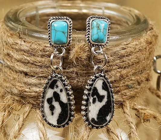 Cow Print Cowhide Textured Turquoise Drop Earrings