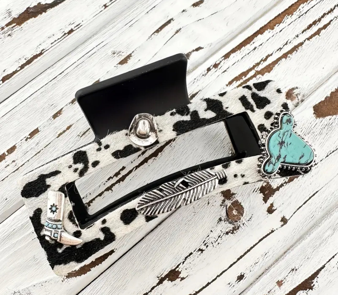 Cowhide Textured Hair Clip Turquoise Stone Western Details