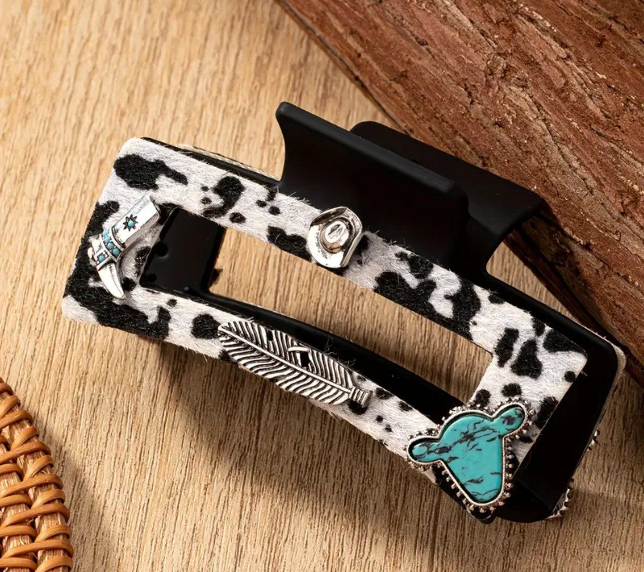 Cowhide Textured Hair Clip Turquoise Stone Western Details