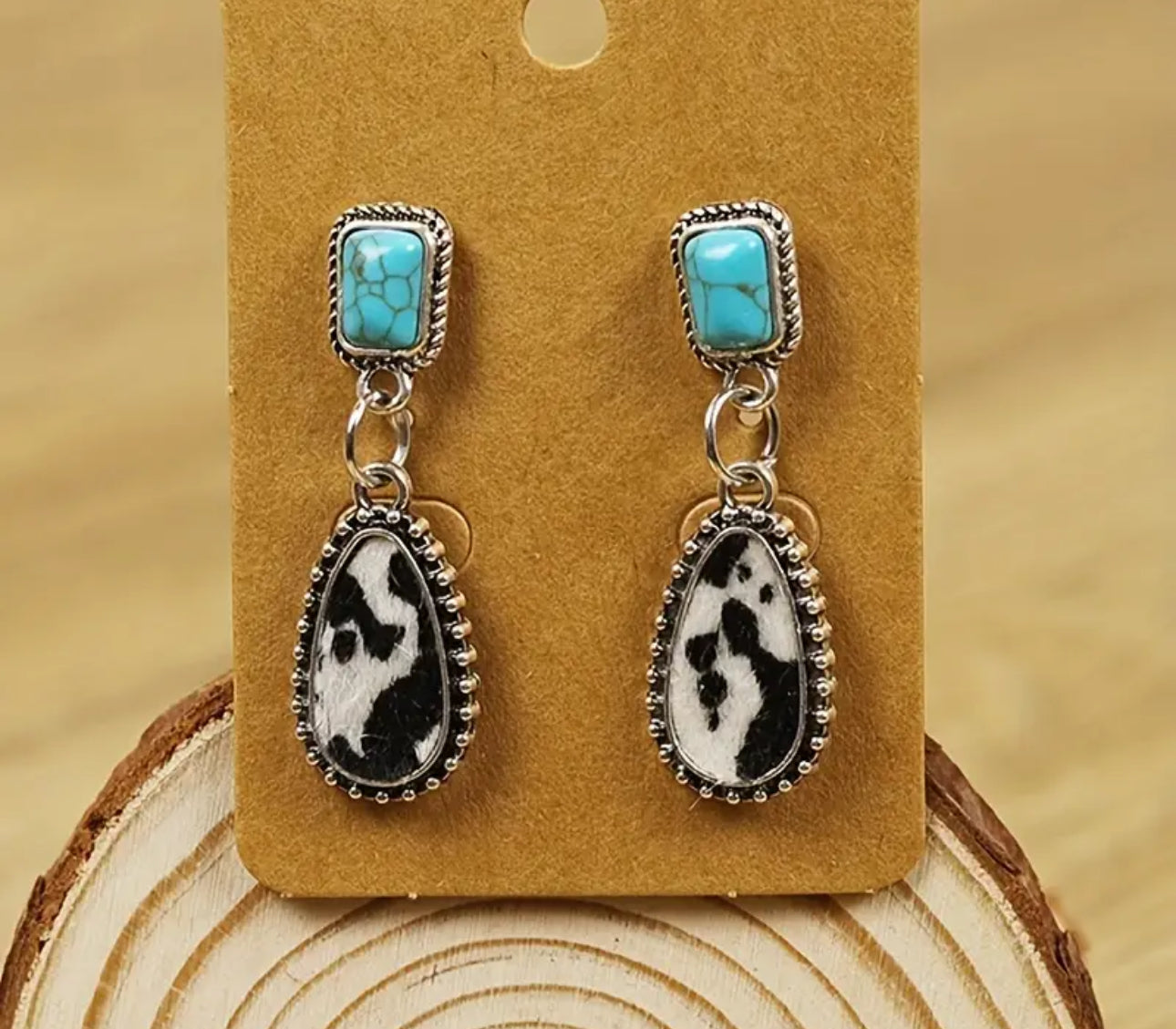 Cow Print Cowhide Textured Turquoise Drop Earrings