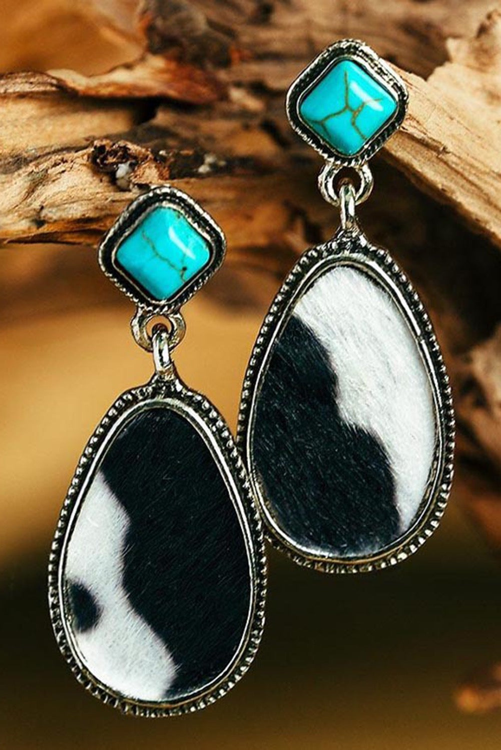 Black Cowhide Textured Turquoise Drop Earrings