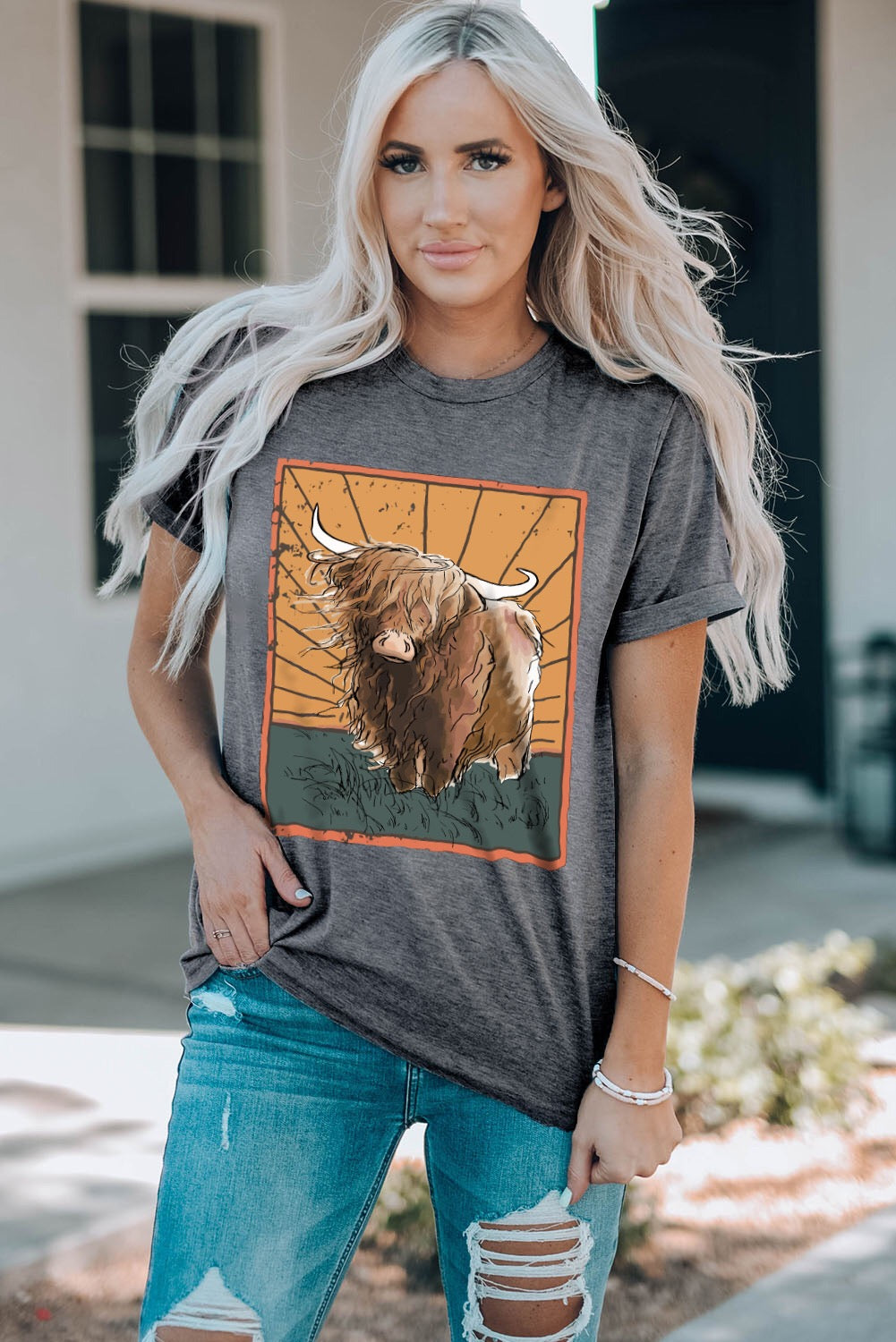 Grey Heifer Wild Land Western Fashion Graphic Tee