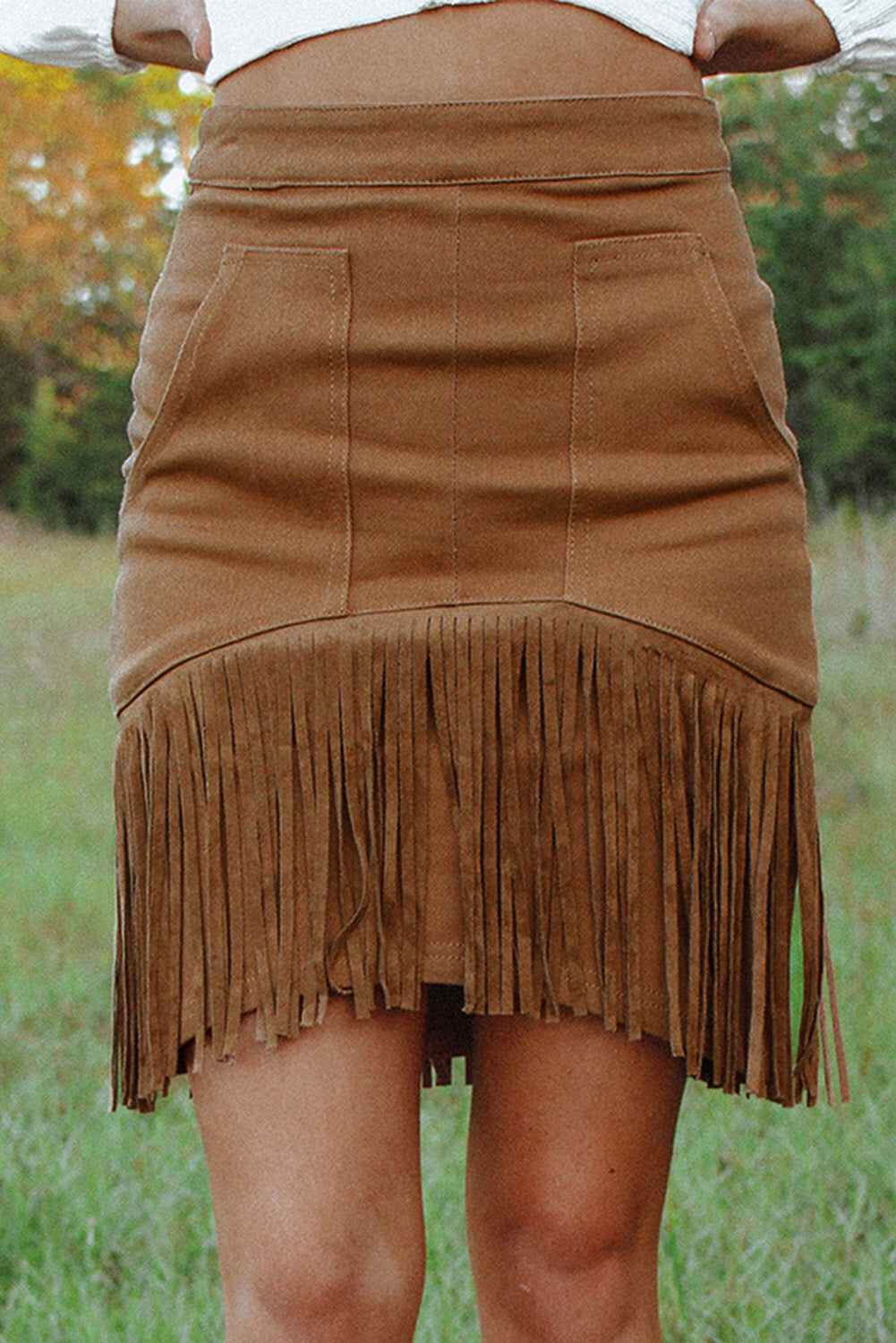 Brown Tassels Zipped Pockets High Waist Mini Skirt