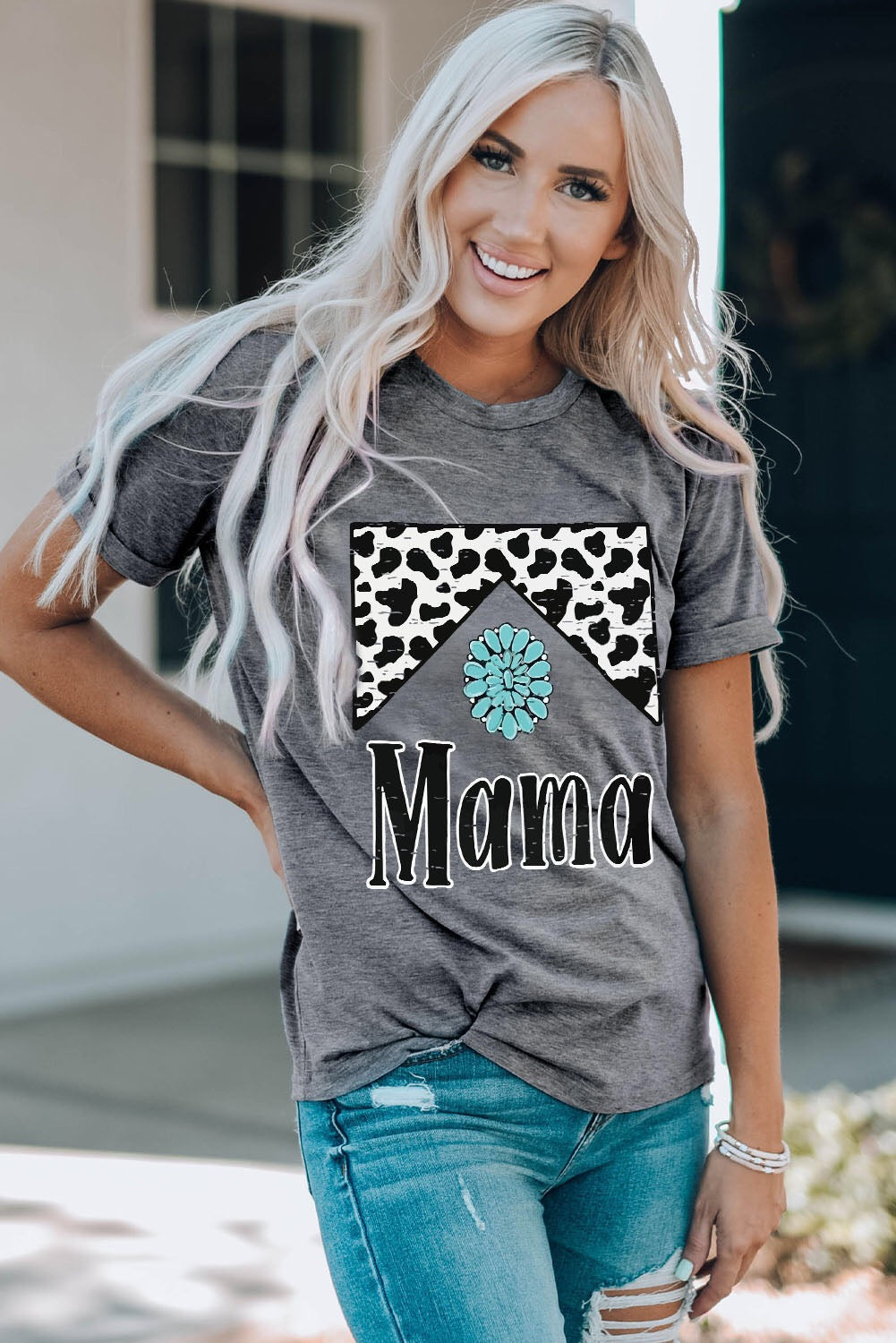 Gray Cow Print Turquoise Bead Mama Graphic T-Shirt