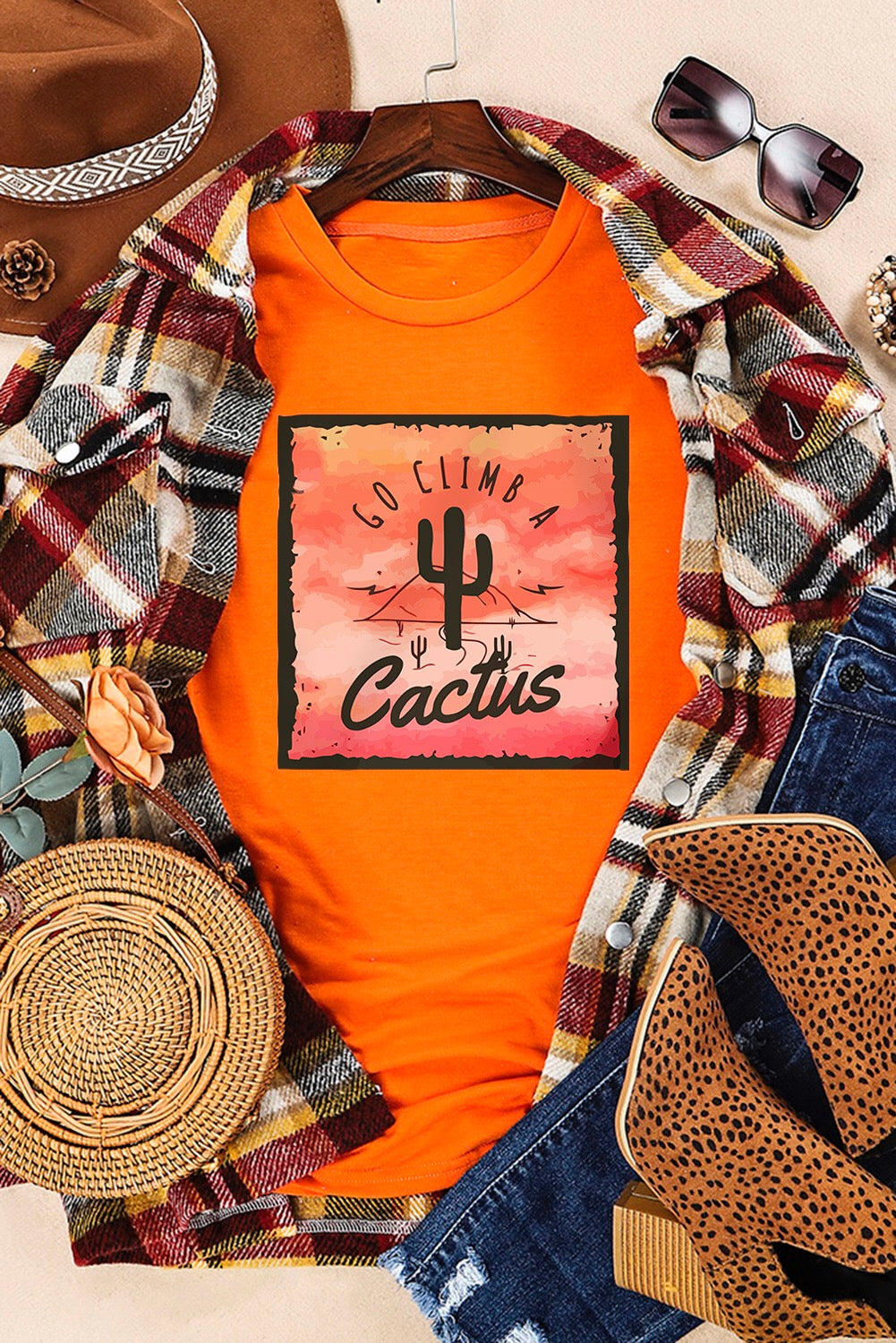 Orange GO CLIMB A Cactus Western Graphic Print T-Shirt
