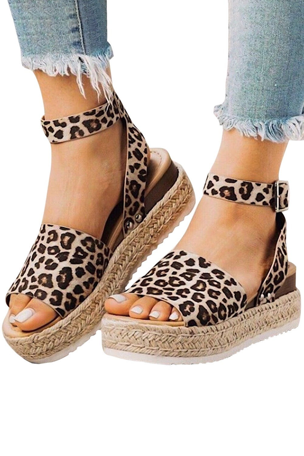 Leopard Wedge Ankle Buckle Strap Sandals