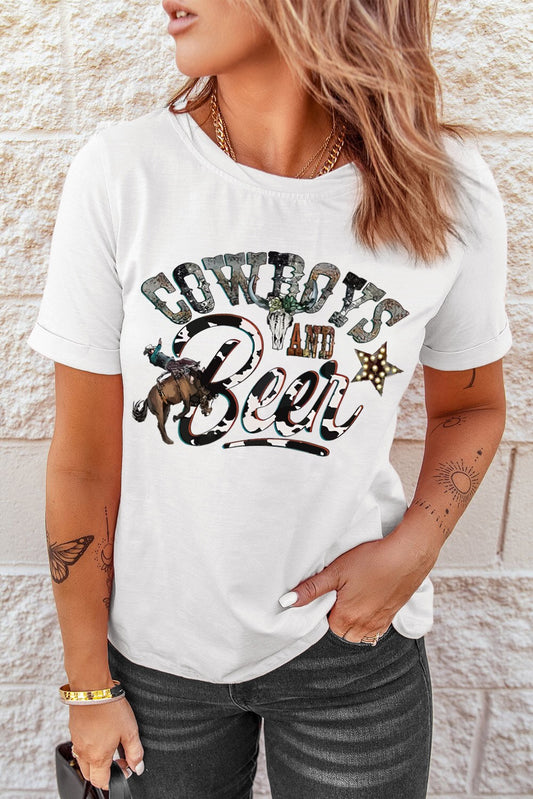 White COWBOYS AND BEER Western Graphic T-Shirt