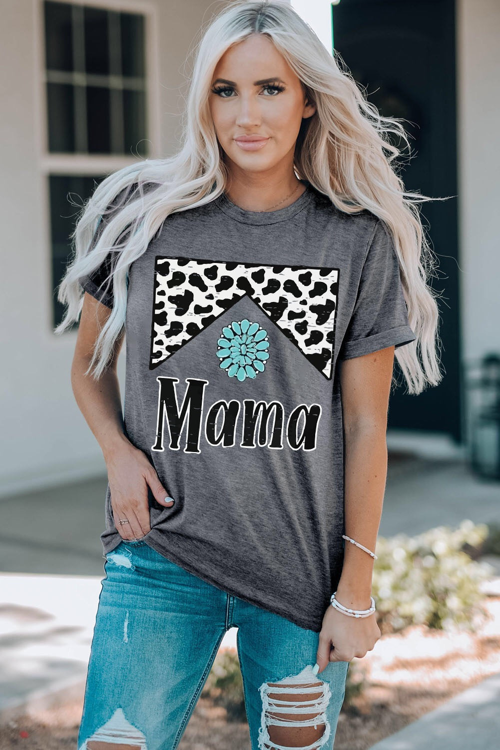 Gray Cow Print Turquoise Bead Mama Graphic T-Shirt