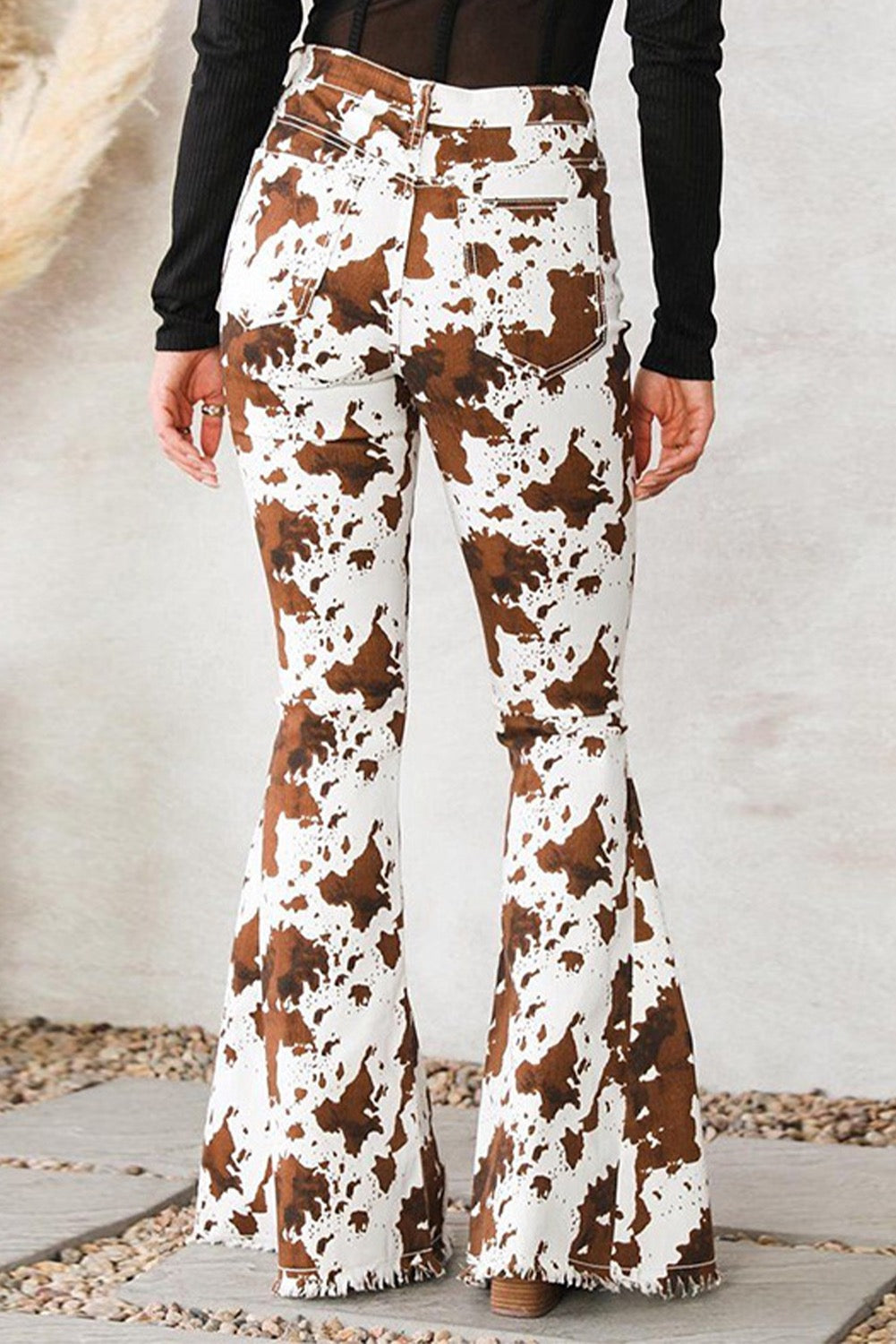 Brown Abstract Print Raw Hem High Waist Flare Pants Cow Print