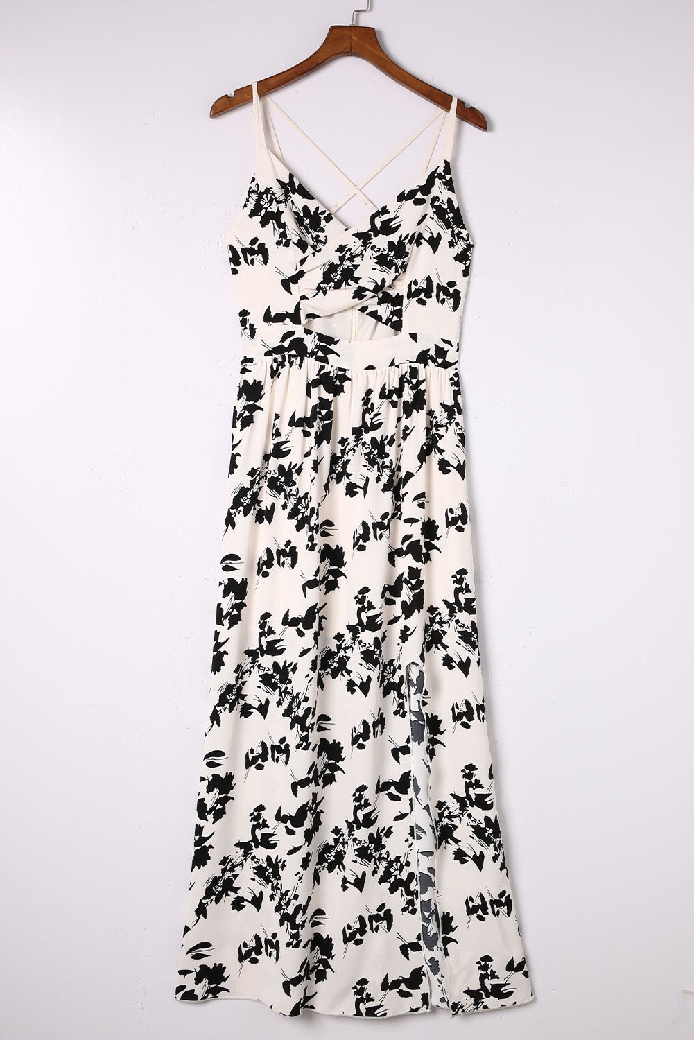 Beige Crossover Hollow-out Maxi Floral Dress With Slit cowan couture Beige Crossover Hollow-out Maxi Floral Dress With Slit cowan couture