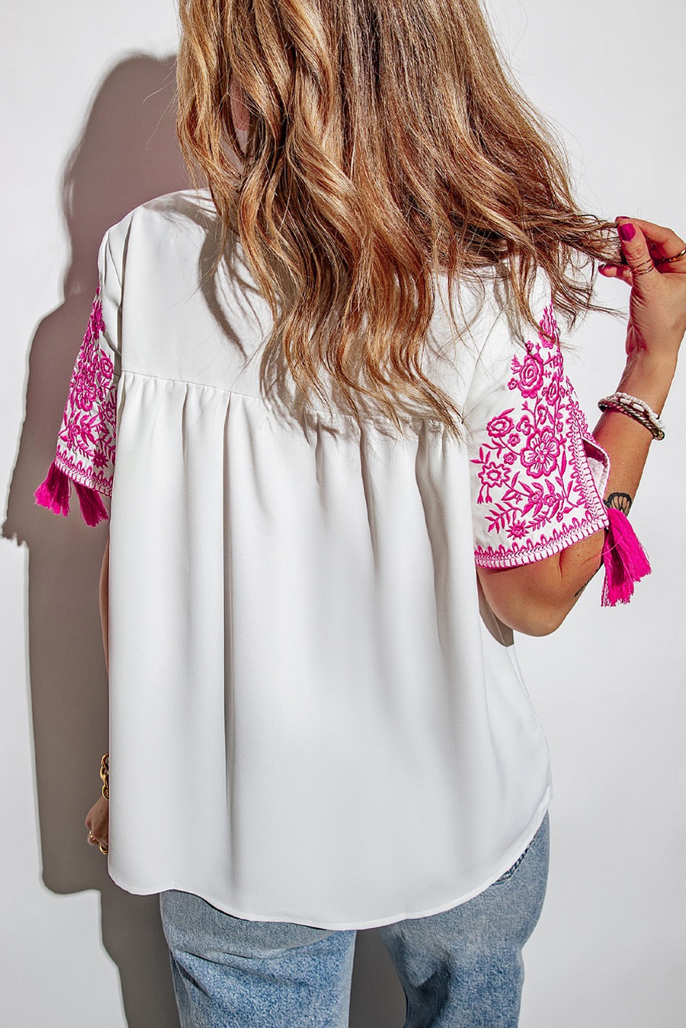 White Embroidered Bright Pink Floral Short Sleeves Shift Blouse Top