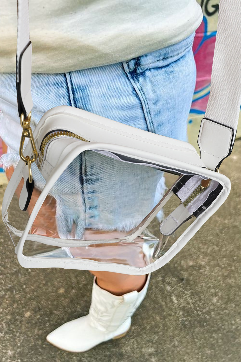 Clear White PVC Leather Strap Crossbody Bag