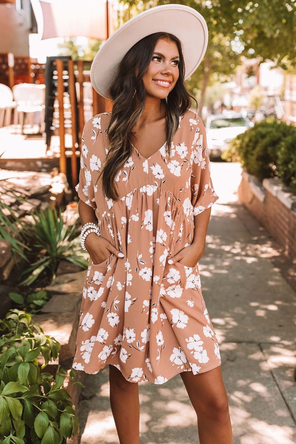 Khaki V Neck Floral Babydoll Dress With Pockets