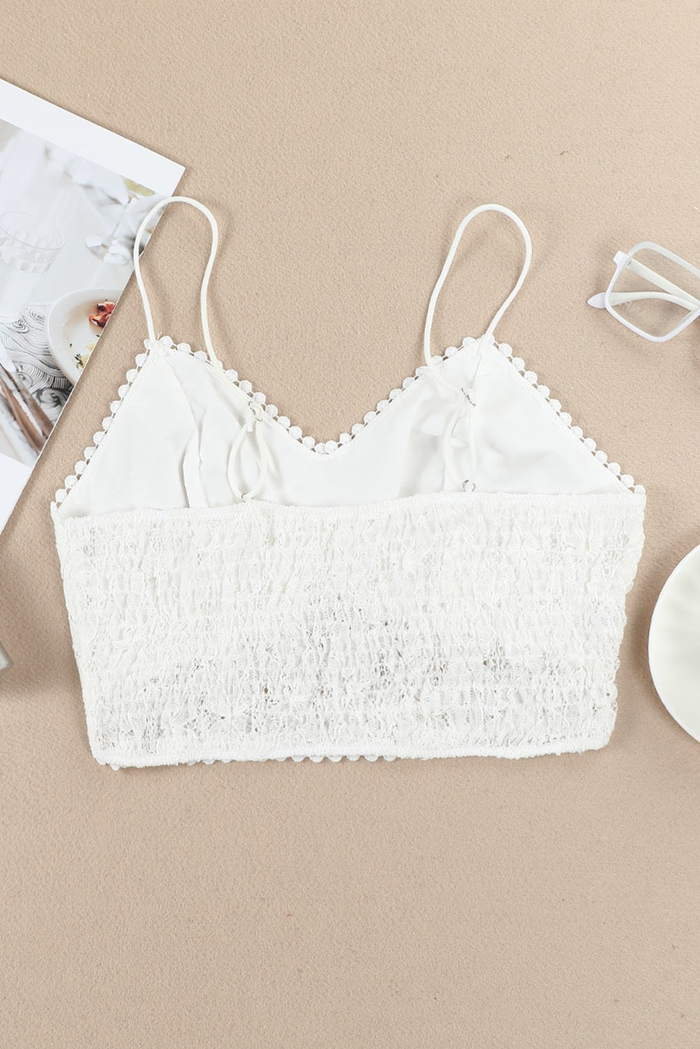White Crochet Lace Dotty Trim Smocking Bralette