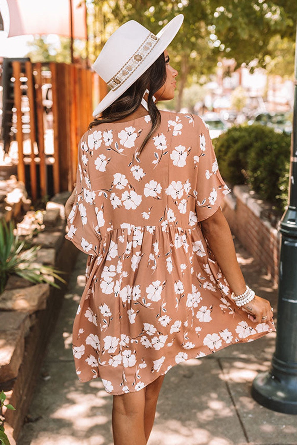 Khaki V Neck Floral Babydoll Dress With Pockets